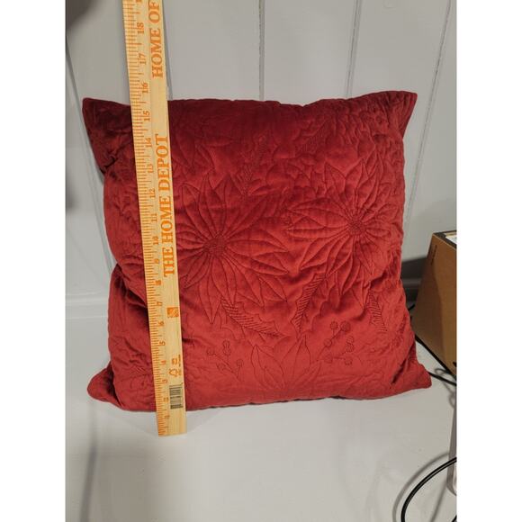 Holiday Embroidered Poinsettia Red Throw Pillow Christmas Decor - Picture 4 of 7